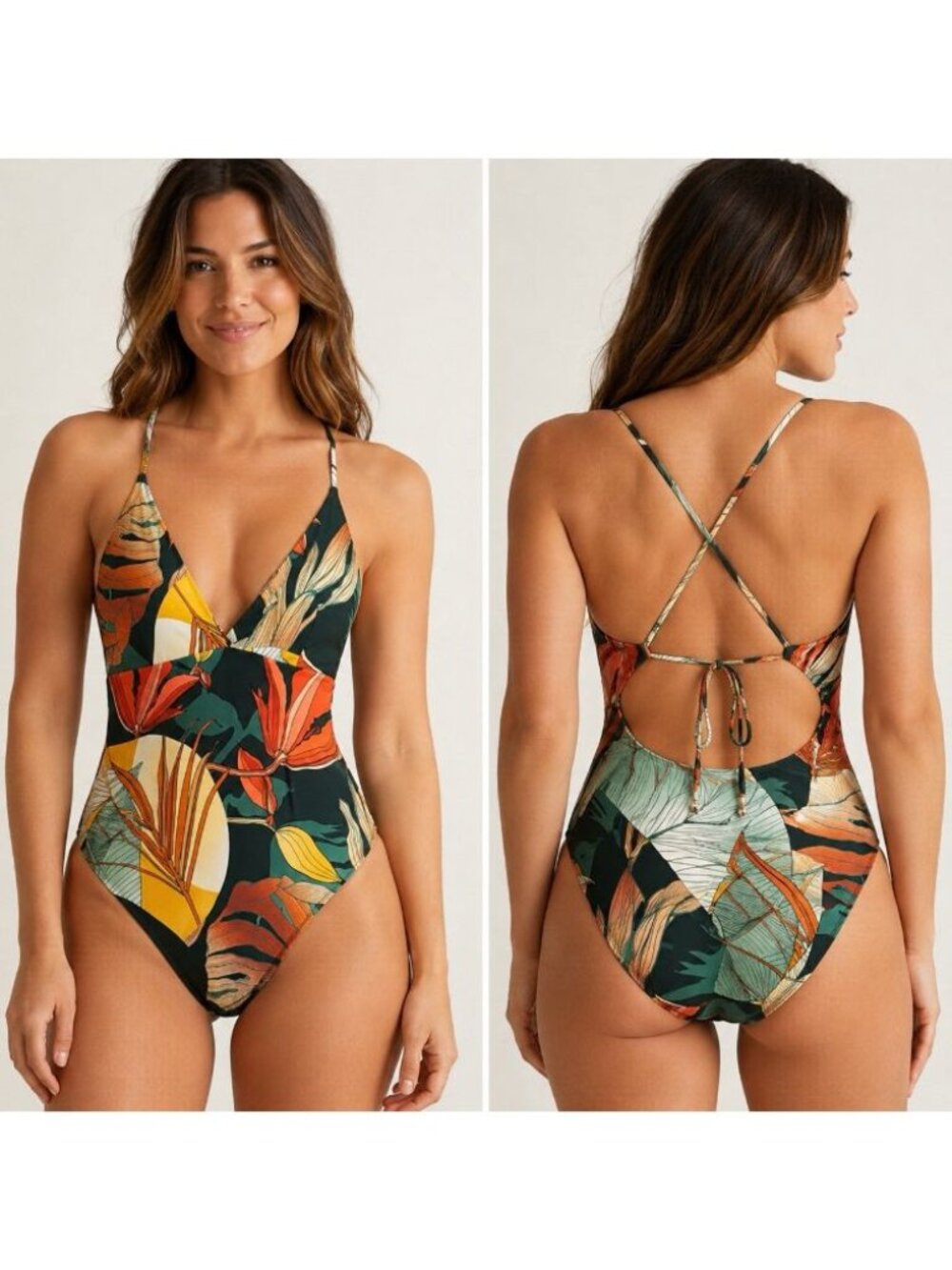 CALIA One Piece Swimsuit Women’s 12 Botanical Print Strappy Back NWT UPF 50+